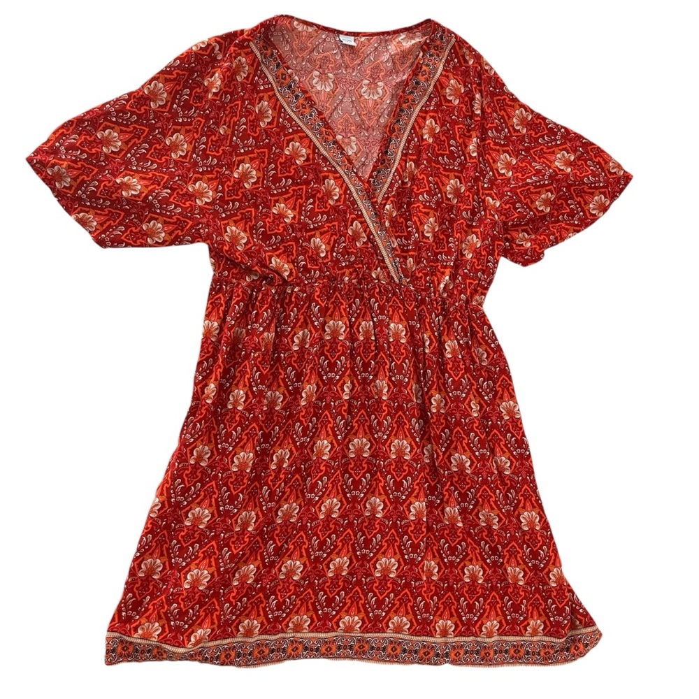 Brown Coco Boho Floral Paisley Faux Wrap Mini Dress 1XL Red Cottagecore Flare